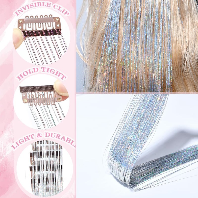 EROADE Hair Tinsel Clip in 12 Pcs Silver Hair Tinsel Kit for Girls 22 Inch Glitter Fairy Tinsel Hair Extensions Colorful Heat Resistant Party Festival Accessories for Women Kids (silver) - Image 2